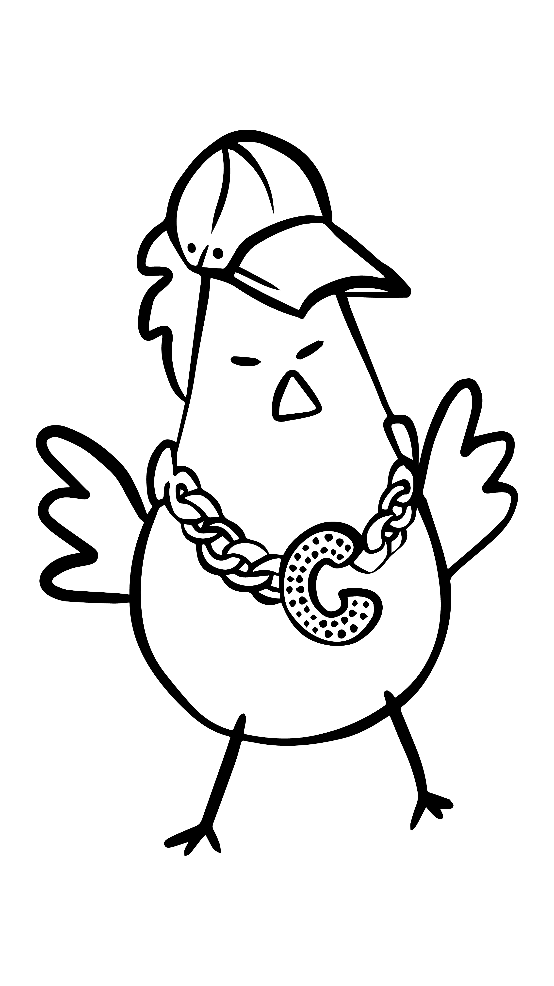 A Clucker wearing a cap and chain